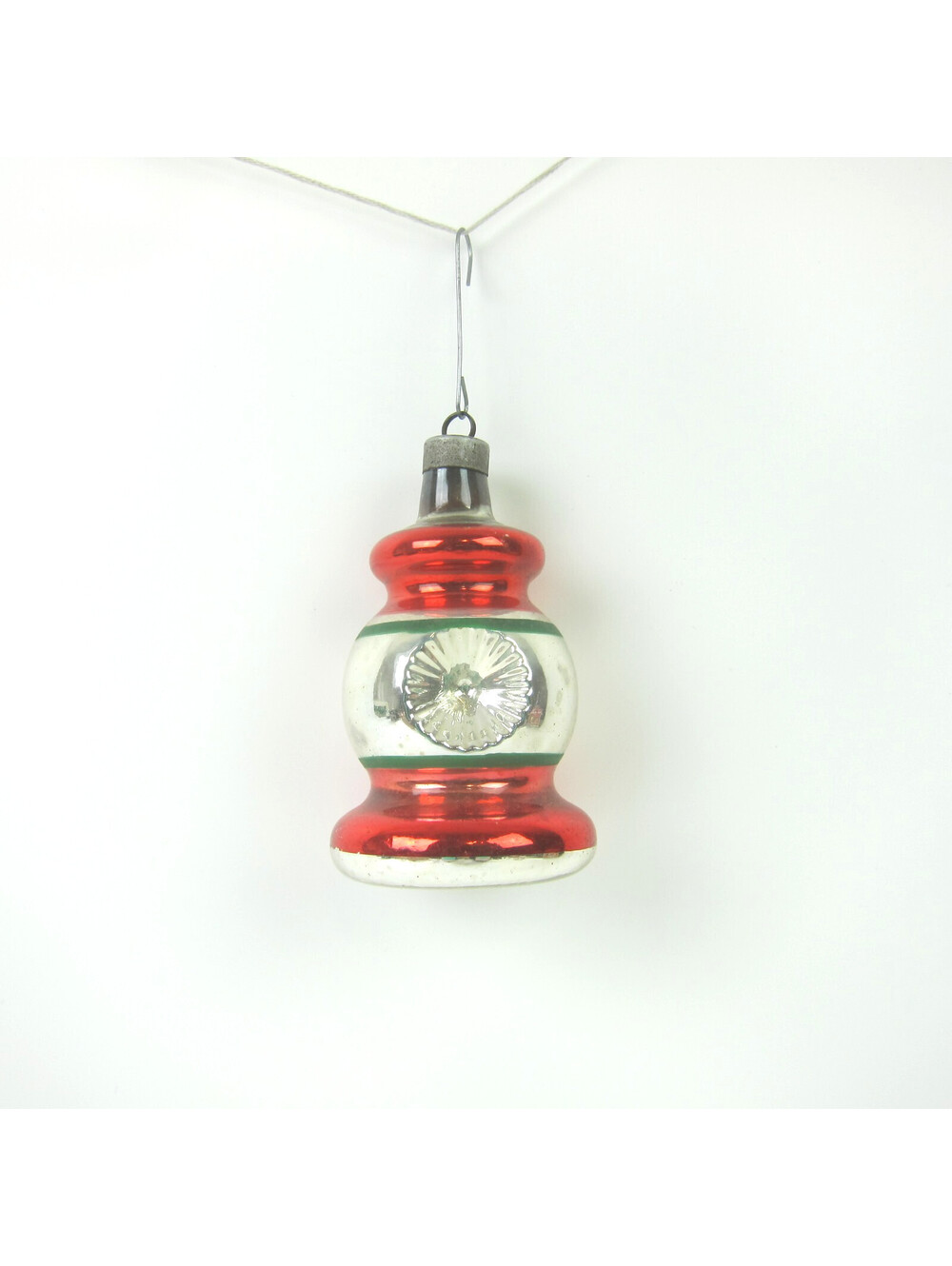 Vintage Mercury Glass Christmas Ornament Railroad Lantern Double Indent Stripe